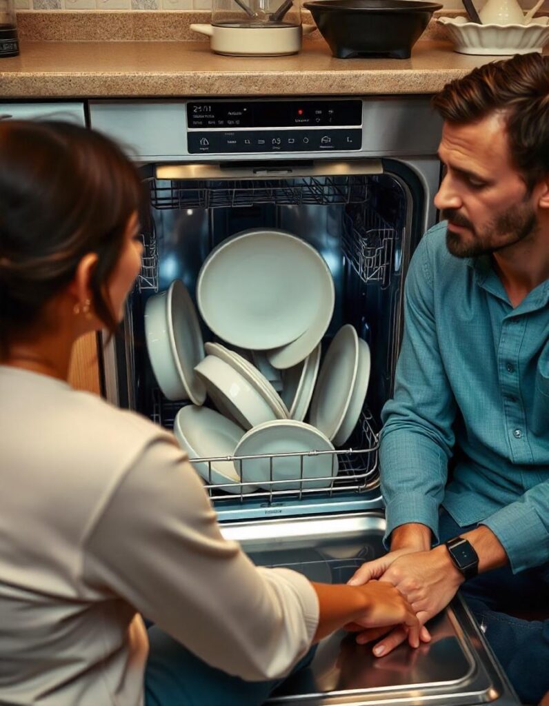 A dishwasher is spinning noisily with about five dishes inside. A man and a woman are sitting next to the dishwasher, looking inside.